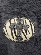 Western-style Oval Belt Buckle Mteal Cross Rhinestone Zebra Print Y2k Cowgirl