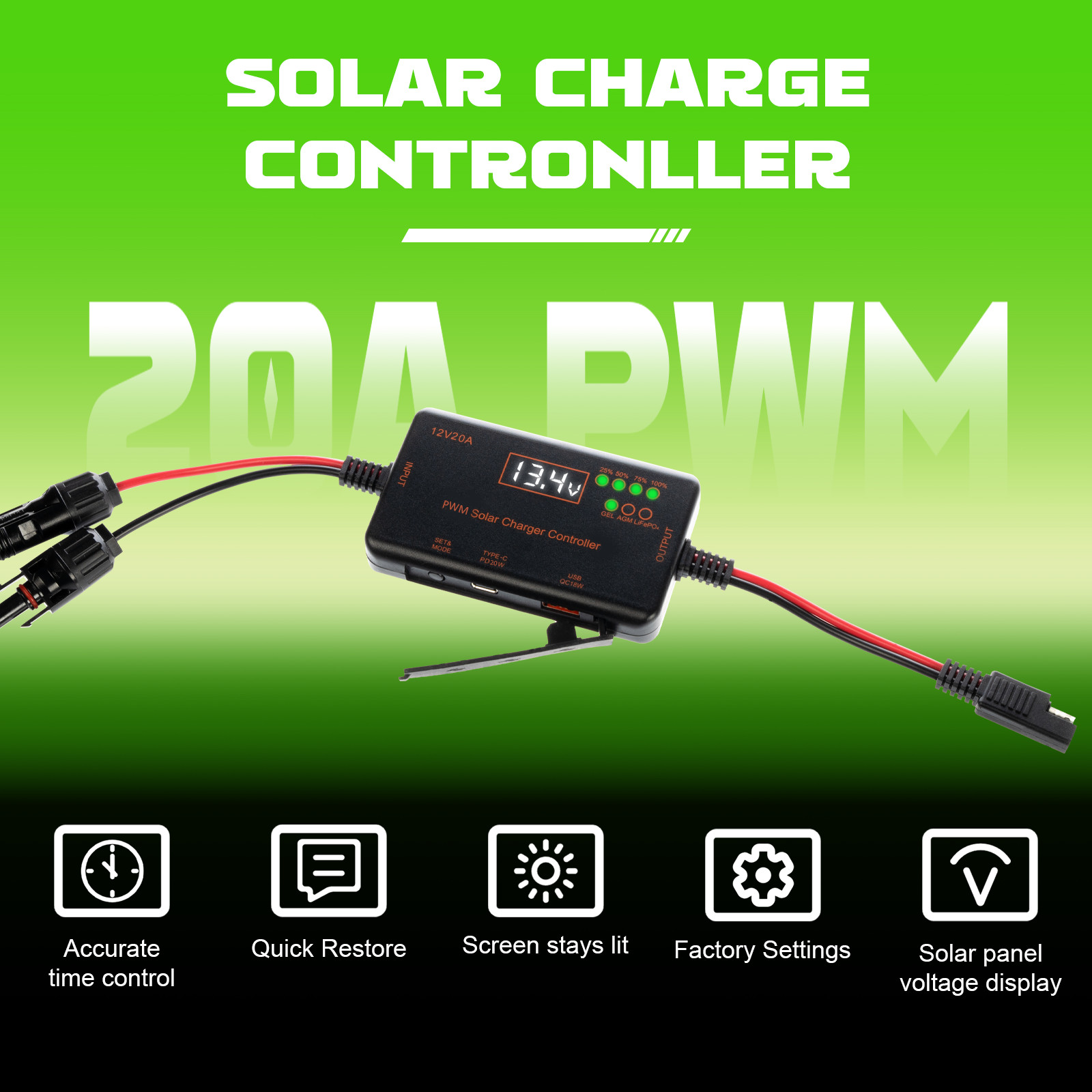 12V 20A PWM Solar Charge Controller, Solar Panel Charge Controller with Type-C