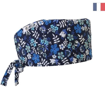 Calot de Bloc Respirant 100% Coton - Style Infirmier Unisexe en Feuilles Bleues - Photo 1/2