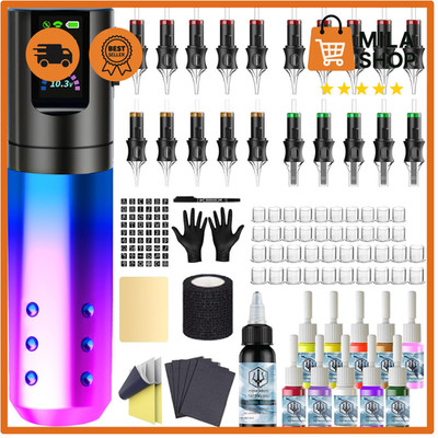 Wireless Tattoo Maschine Set 20 Kartuschennadeln Tintenset Akkus Pen Komplett