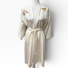 Vintage 1940s Japanese Ivory Silk Robe Embroidered Floral Butterfly Women's OS