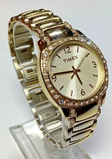 Timex Watch Gold Gemmed Case Round Sunburst Dial Bracelet New Battery