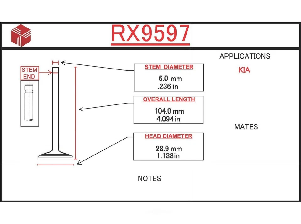 Válvula de escape del motor ITM RX9597 se adapta a 95-02 Kia Sportage 2.0L-L4 Foto 2 de 2