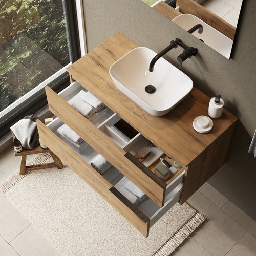 Celtic 1000mm Wall Hung Bathroom Vanity Unit with Matching Worktop - Ostippo Oak - Picture 3 of 8