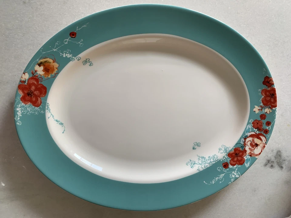 Lenox Chirp Floral Oval Serving Platter 16" Teal Stripe Bone China USA NEW RARE - Image 2 of 4