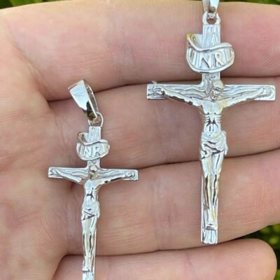 Real Solid 925 Sterling Silver Mens Cross Jesus Piece Crucifix Pendant Necklace