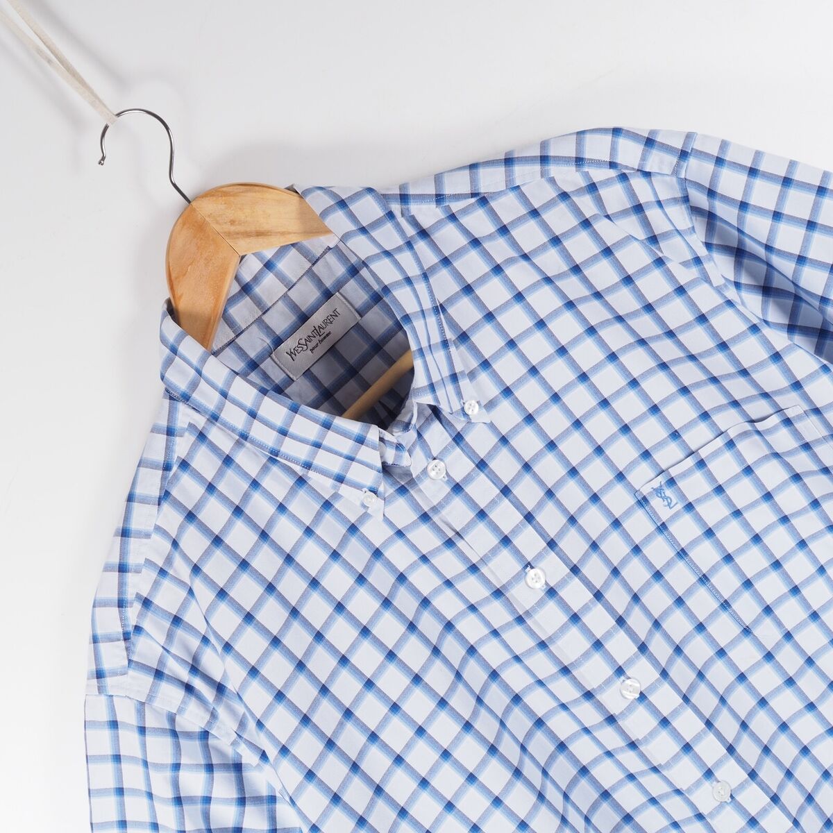 Yves Saint Laurent YSL Men's White Blue Plaid Short Sleeve Yves Saint Laurent YSL Men's White Blue Plaid Short Sleeve