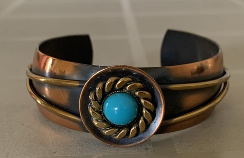 Vintage Faux Copper Turquoise Cuff Bracelet Western Ethnic Women Unique