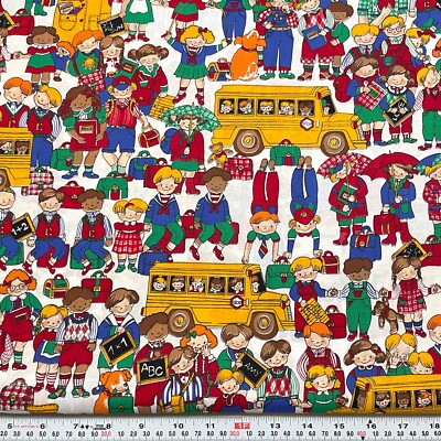 Vintage Kessler Concord Children School Bus White Cotton Fabric by the HALF YARD