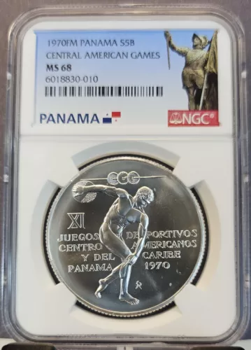 1970 PANAMA SILVER 5 BALBOAS CENTRAL AMERICAN GAMES NGC MS 68 BEAUTIFUL GEM BU
