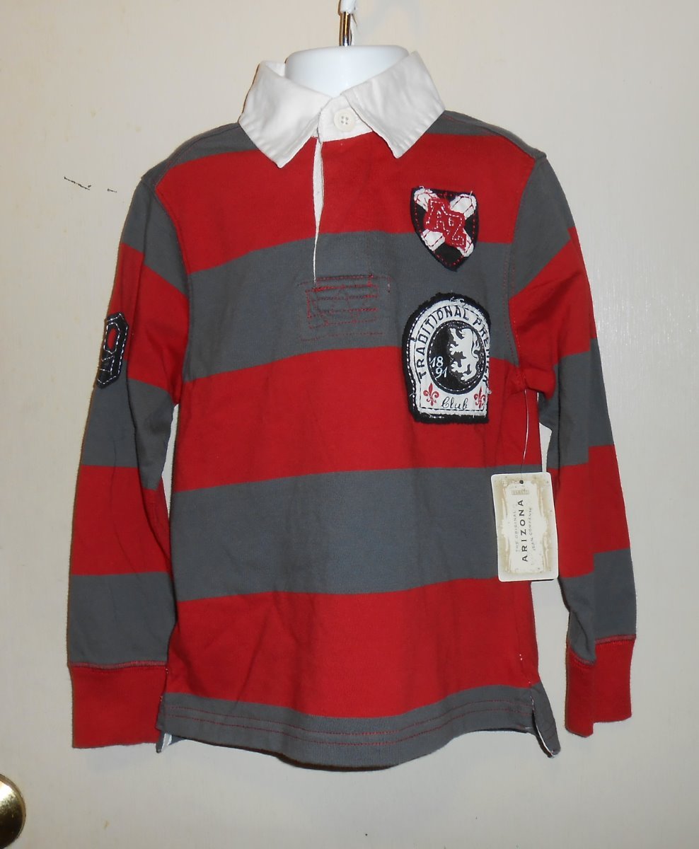 Arizona Jean Co Boys Long Sleeve Striped Polo Rugby Shirt Berry & Iron M/5-6 NWT