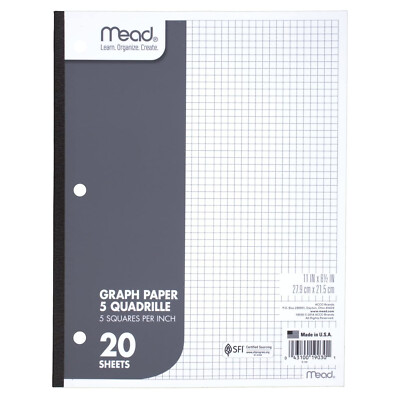 Mead Graph Paper Pad, Quadrille, 5 Squares per Inch, 11'' x 8-1/2'', 20 Sheets