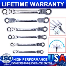 6 Extra Long Ratcheting Wrenches Spanner Set Double Box End Flex-Head SAE Metric