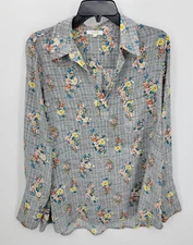 Pleione Top Womens Medium Black White Plaid Floral Long Sleeve Artsy Blouse