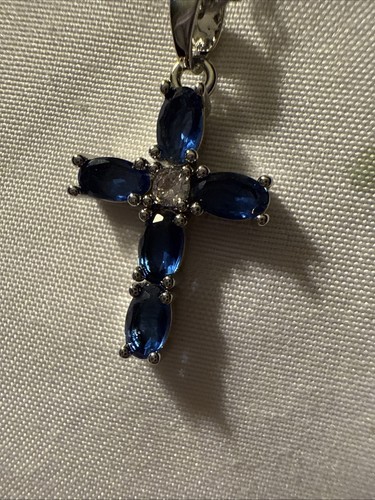 Royal Blue Cross Pendant Necklace W/silver Center CZ Stone - Picture 5 of 7