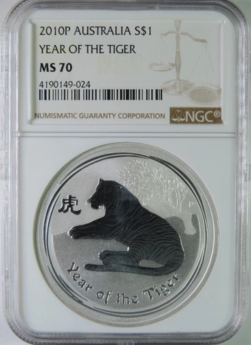 2010 P Australia Lunar Year of the Tiger 1oz .999 Silver $1 Coin NGC MS70