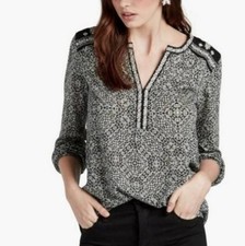 Lucky Brand Shirt Womens 1X Black White Boho Peasant Tunic Embroidered Print
