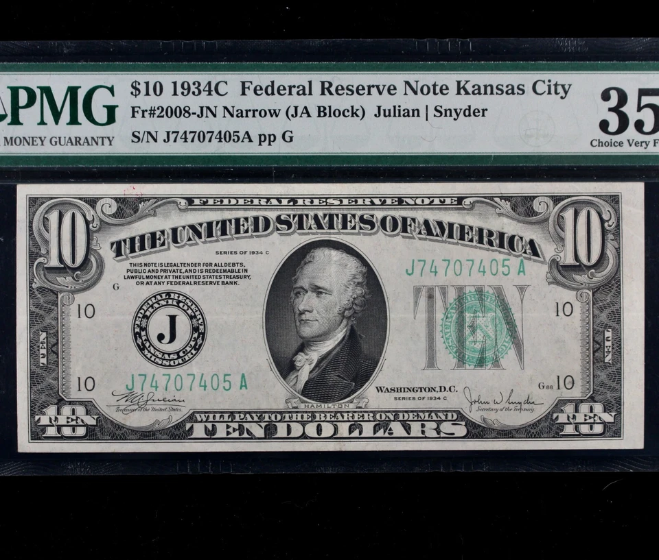 Tough Variety $10 1934C Narrow FRN PMG 35 Fr#2008-JN J74707405A fp88 series C - Image 3 of 4