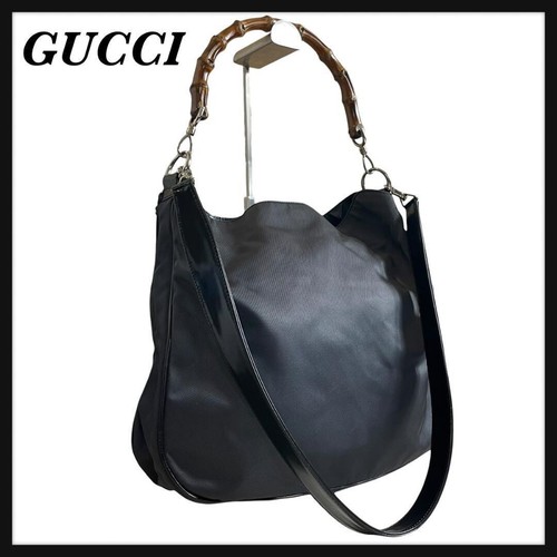 Gucci Black Bamboo 2 Way Tote Handbag Nylon Shoulder Bag Italy 38cm 30cm