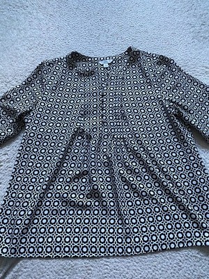 Croft & Barrow Women Geometric 3/4 Sleeve Pleated Blouse Black White Size L