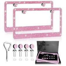 Bling License Plate Frames Pink Rhinestone Stainless Steel 2 Pack
