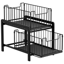 Black 2-Tier Iron Under Sink Cabinet Organizer With Sliding Pull Out Drawer