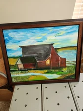 Barn And Farm Landscape Scene" Oil Mixed ...Red BARN