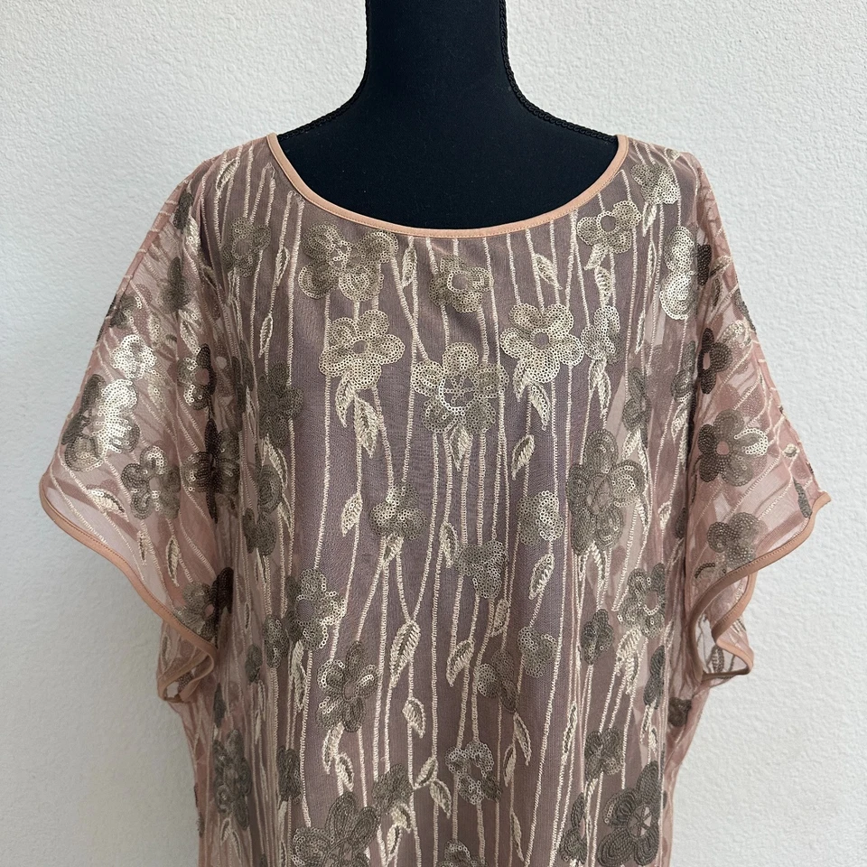 Top túnica Bob Mackie 2X Plus malla lentejuelas elegante glamour beige manga corta transparente Foto 2 de 4