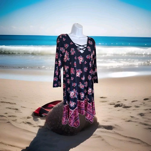 Three Pink Hearts Dress M Navy Floral Pop Over Asymmetrical Hem Strappy Boho - Picture 1 of 13