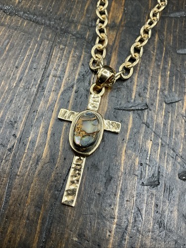 Barse Hammered Bronze Cross Necklace- Abalone- NWT - Picture 2 of 5