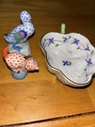 Herend Fishnet Blue Duck,  Orange Cat And Bowl Figurine Hand Painted Porcelain 3