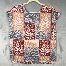 Sigrid Olsen Top Small Linen Patchwork Artsy Cruise Resort Burgundy Blue Cream