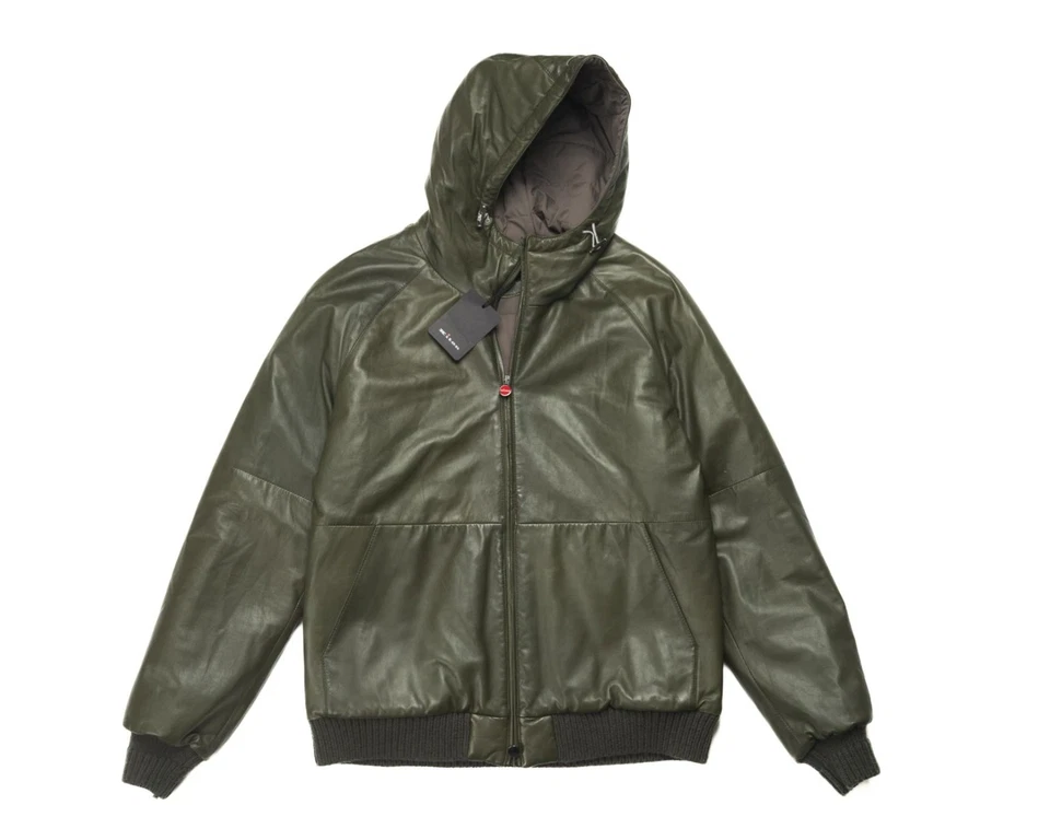 Kiton $12,780 Green Lambskin Insulated Cashmere Hooded Bomber Jacket (50 IT) M - Image 2 of 4