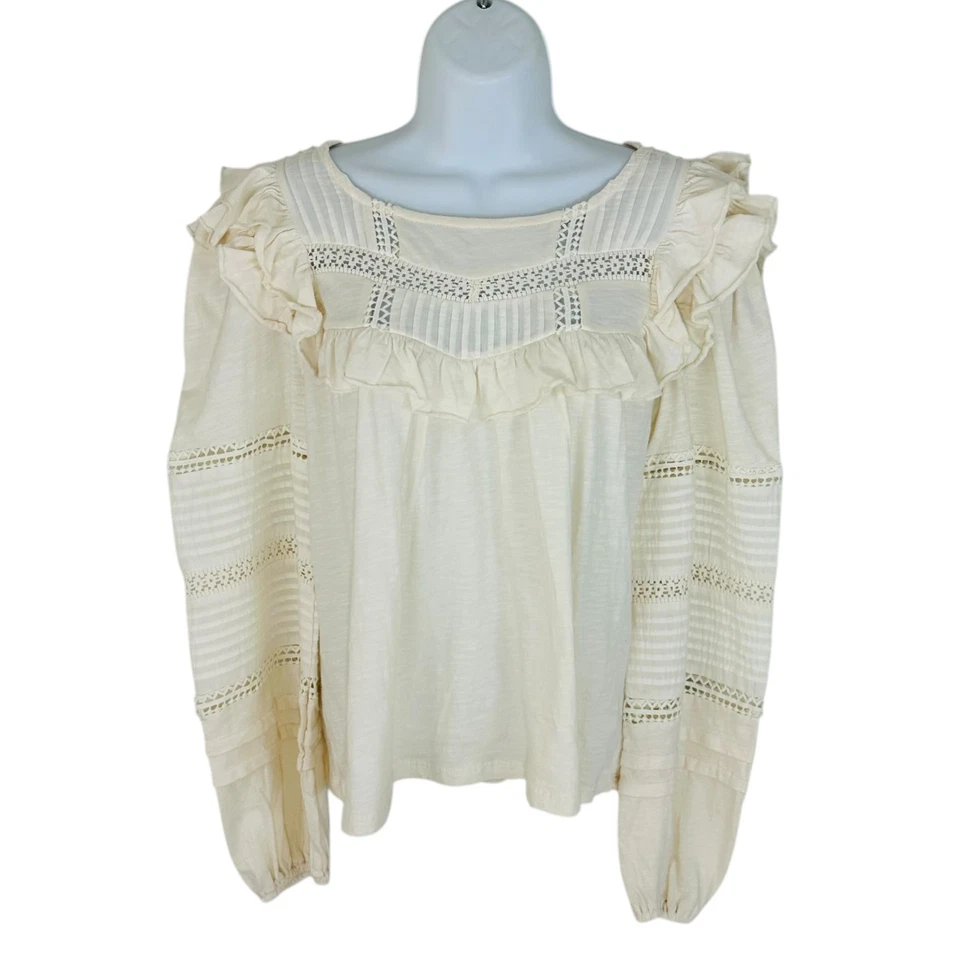 Blusa Anthropologie Feminina Tamanho XS Renda com Babados Camponesa Manga Longa Marfim NOVA
