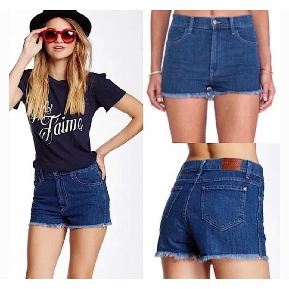 Pantalones cortos de mezclilla Wildfox Helena para mujer 24 azules tiro alto corte lavado fuera de control Foto 2 de 4