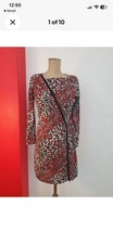 VINTAGE CUE Front Zip Dress 12 Jersey Stretch 80s Leo Print RARITY fits 10-12