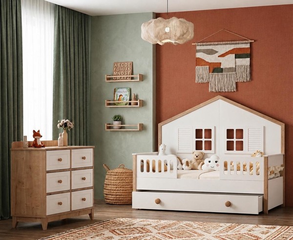 Skandinavisches Kinderbett Mit Hausform Und Passendem Kommode-Set-image