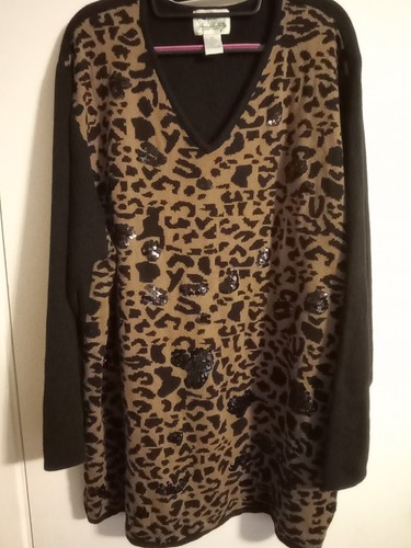 Vintage Womens Quacker Factory 2X Leopard Print Sweater Top Sequin V Neck - Picture 7 of 8