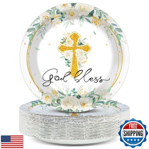 Naozinebi 48PCS Baptism Plates God Bless Baptism Party Decorations First Holy