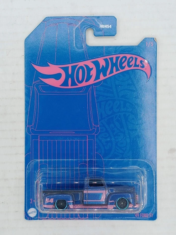 Ford F1 Mattel Hot Wheels 2022 54 aniversario azul satinado y rosa 1/5 '49 Foto 2 de 3