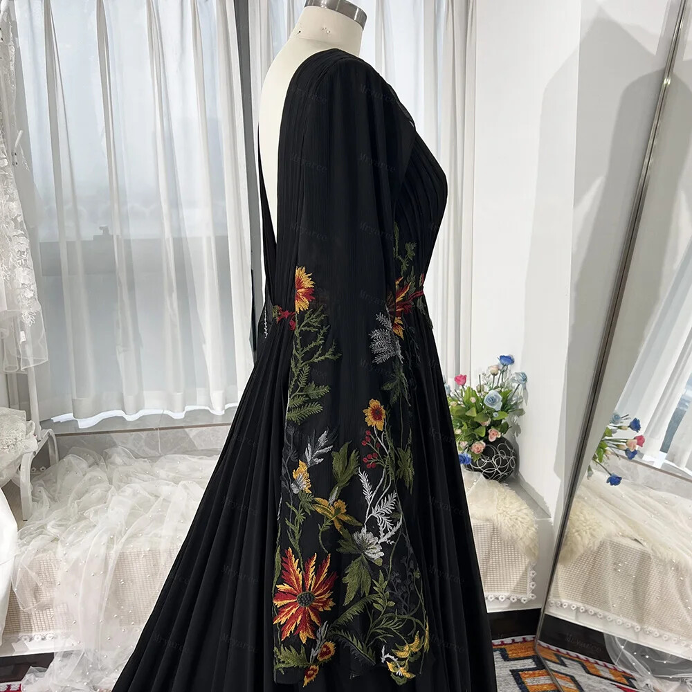Lace Black Wedding Dresses Pleated Crepe Chiffon Forest Boho Bridal Gowns  Floral | eBay