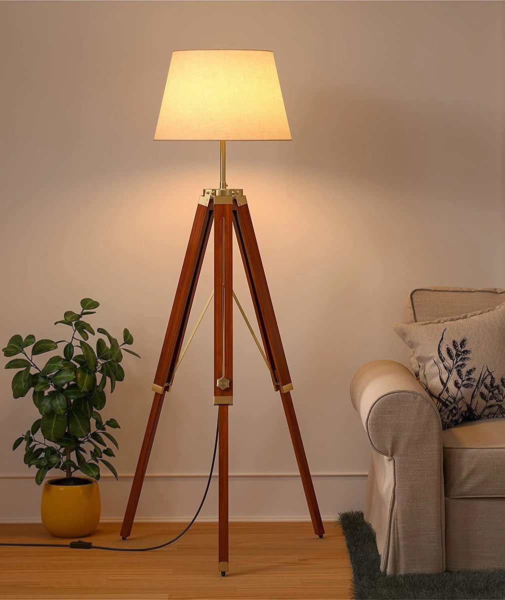 Tripod Floor Lamp Standing Wooden Brown Polished Brass Antique