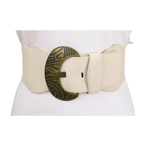 Women Ivory Elastic Safari Wide Strap Belt Ethnic Antique Gold Metal Buckle S M - Picture 4 of 16