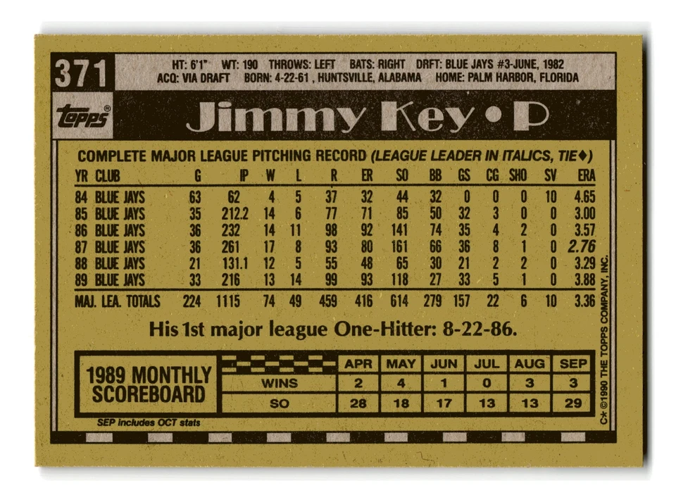 Jimmy Key 1990 Topps #371 Toronto Blue Jays Centered Mint to Gem - Image 2 of 2