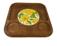 Vintage GOODWOOD Teak Tile Cheese Cracker Charcuterie Board Floral 1970 Snacks