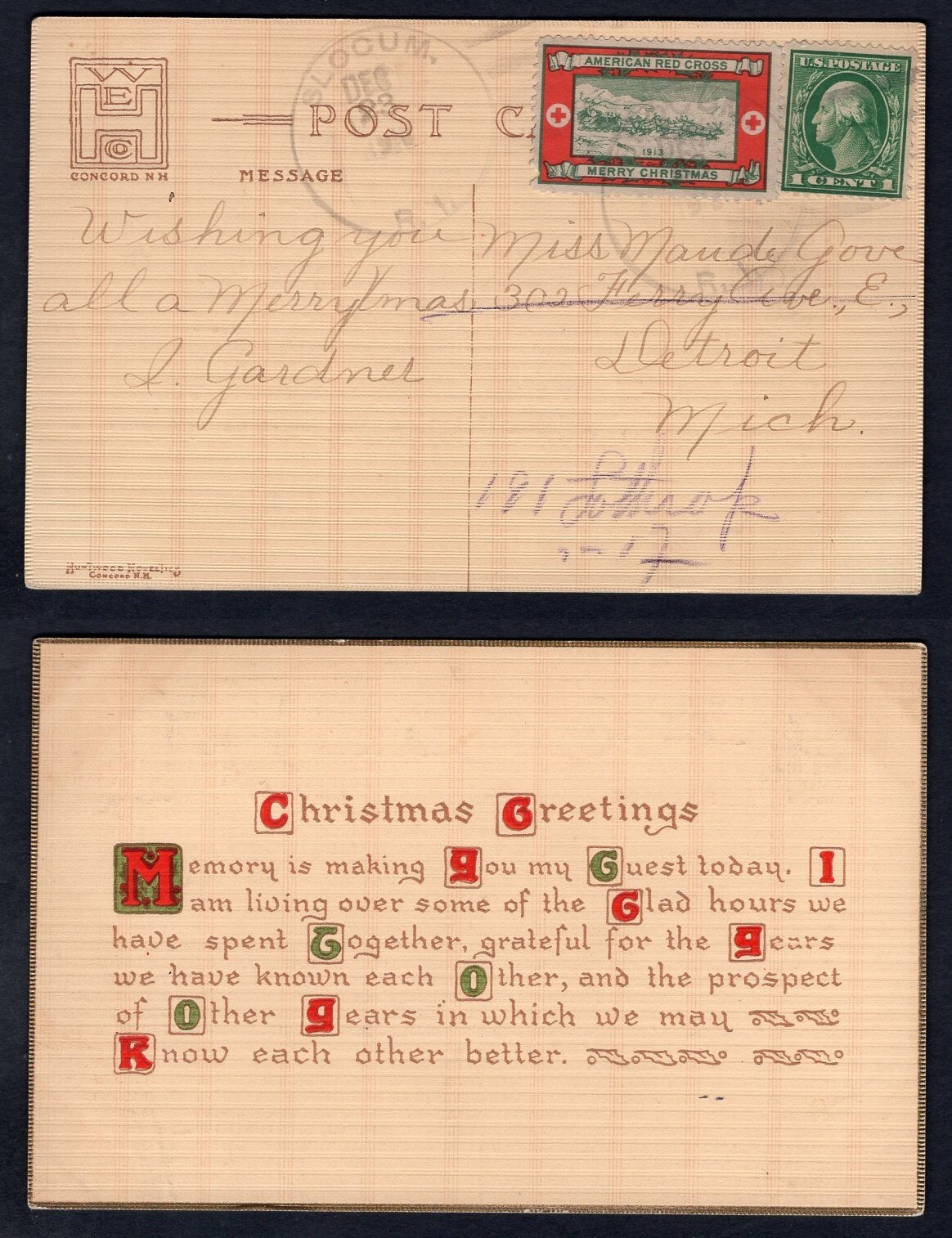 SLOCUM RI 1913 Cancelar Sello de Navidad Cenicienta de la Cruz Roja Americana. Postal