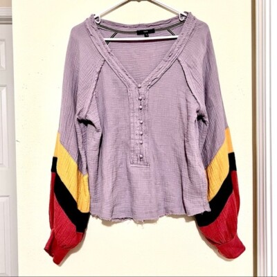 FATE bohemian Lagenlook Cotton Color Blocked balloon sleeves