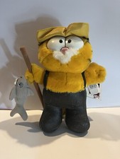 1981 Vintage Garfield Fisherman Mustache Fishing Pole w/ Fish Shark Plush Dakin