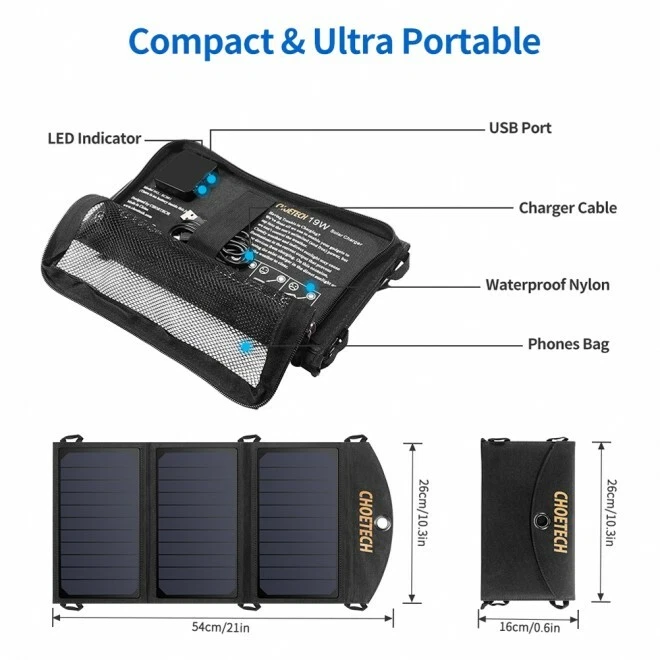 Choetech 19W Solar Charger Portable Panel Dual USB External Battery Camping RV 