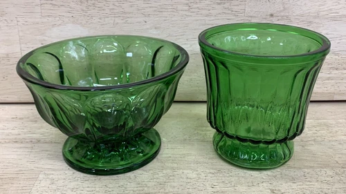 PAIR 2 Vintage Press Emerald Green Depression Glass Footed Bowl Candy Dish
